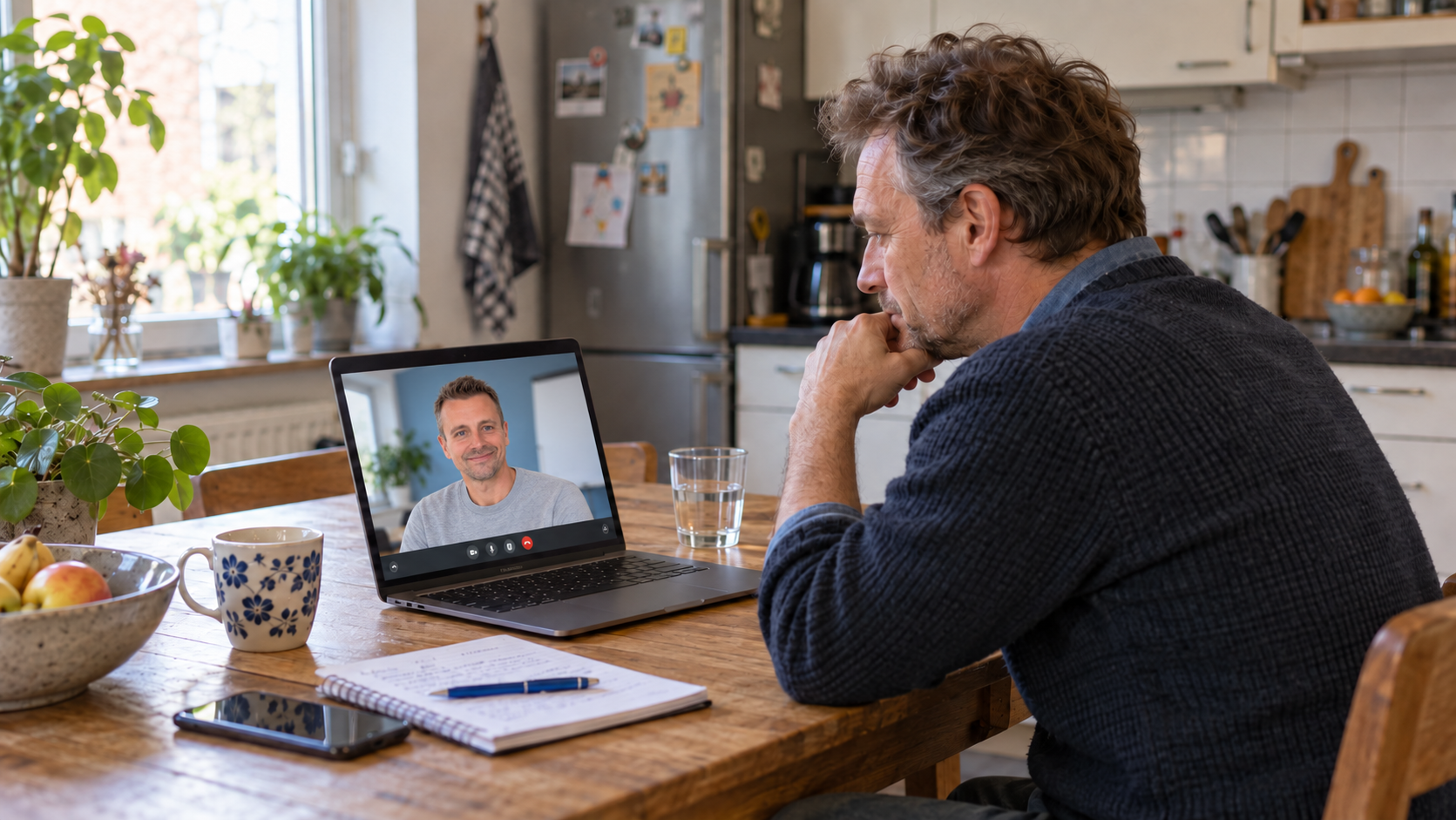 Nederlandse ondernemer van ongeveer 50 volgt een online training aan de keukentafel; de trainer is zichtbaar op het laptopscherm